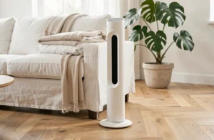 Ventilateur colonne blanc Confort Line WCF-03S posé sur parquet en chêne dans un salon scandinave moderne