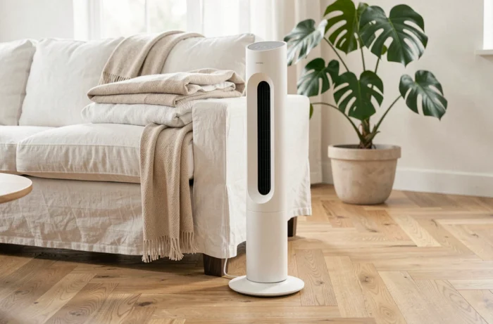 Ventilateur colonne blanc Confort Line WCF-03S posé sur parquet en chêne dans un salon scandinave moderne