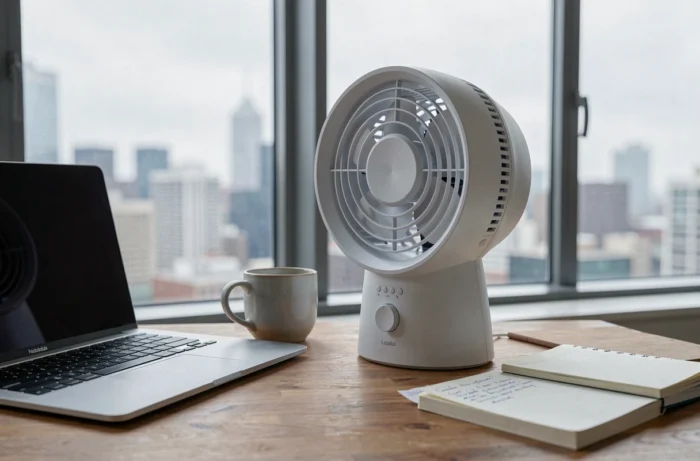 Ventilateur colonne Confort Line WCF-03S sur un bureau de télétravail avec ordinateur portable et carnets