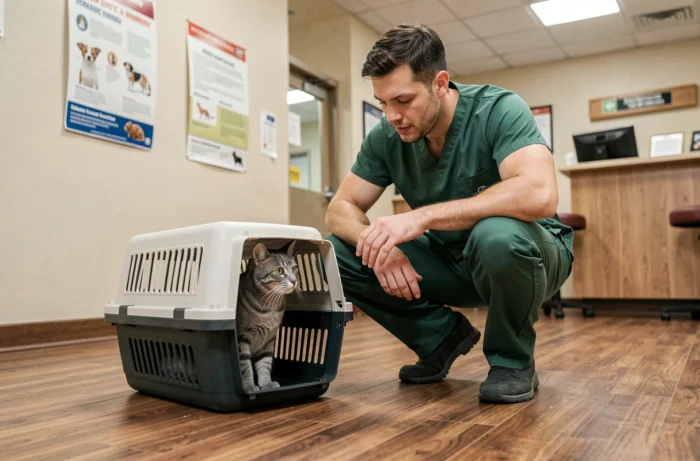 Vétérinaire interagissant avec un chat tigré gris dans une salle d'attente vétérinaire accueillante et moderne