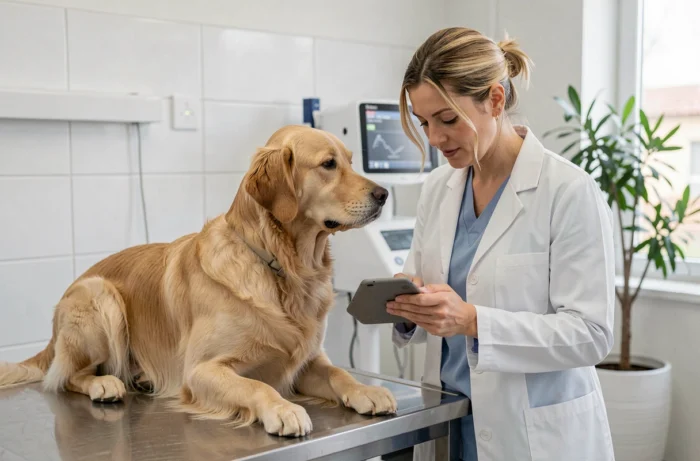 Vétérinaire femme examinant un golden retriever dans une clinique vétérinaire moderne avec une tablette numérique pour le suivi des soins