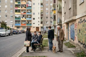 Scène de vie quotidienne dans le quartier de la Paillade à Montpellier, avec des habitants de tous âges devant des immeubles résidentiels