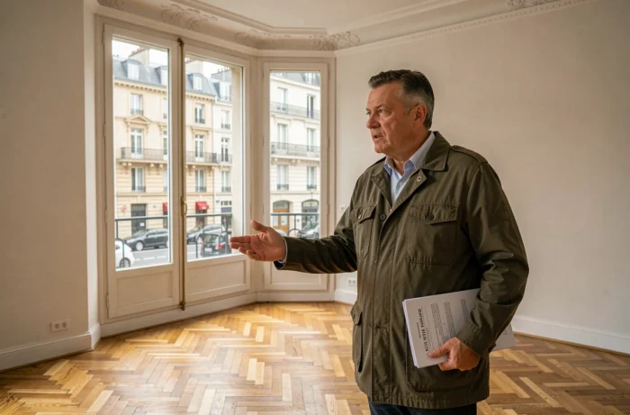 Agent immobilier faisant visiter un appartement vide avec vue sur un quartier résidentiel français