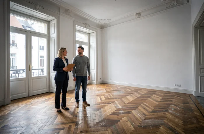Agent immobilière faisant visiter un appartement Art Déco rénové à Bruxelles avec parquet en point de Hongrie