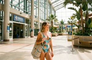 Femme en maillot de bain à l'entrée d'Aquaboulevard Paris lors d'une visite en dehors des heures de pointe