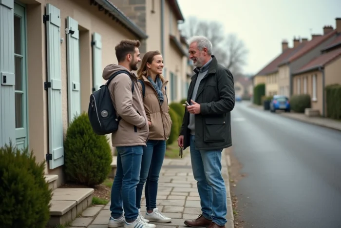 Couple visitant une petite maison à louer entre particuliers en Seine-Maritime avec le propriétaire devant la façade