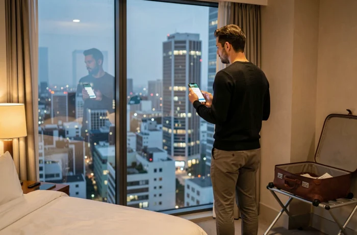 Voyageur scandinave regardant une métropole asiatique depuis une chambre d'hôtel avec son smartphone