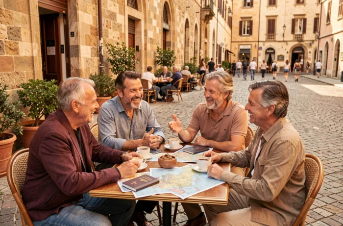 Groupe de voyageurs européens consultant des cartes et passeports en terrasse de café en Europe