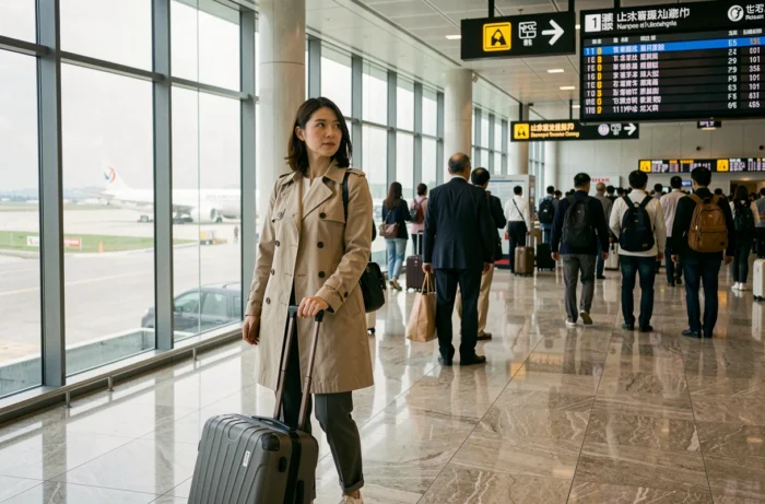 Voyageuse japonaise tirant une valise dans un terminal d'aéroport international animé en 2024