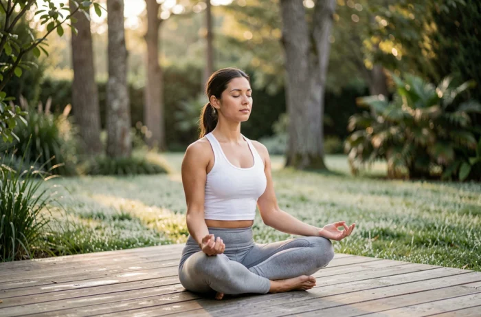 Femme pratiquant le yoga matinal sur une terrasse en bois entourée de verdure pour améliorer son bien-être quotidien